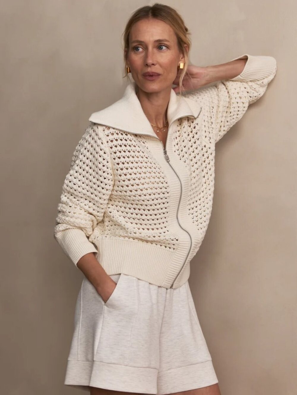 NWT Varley Eloise Sweater Zip Through Knit in Egret S